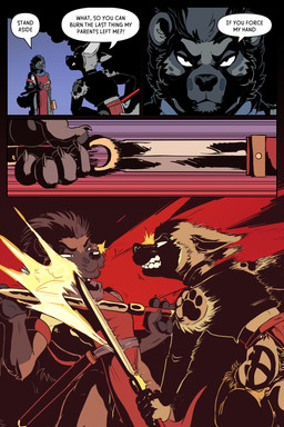 ambiguous_gender anthro claws clothing dialogue dramatic_lighting duo female half-closed_eyes melee_weapon motion_blur narrowed_eyes pawpads snarling sword tattoo text torn_clothing weapon rick_griffin in_the_new_age the_witch_of_kurikuto ideka toka_(rick_griffin) canid canine canis hyena mammal wolf 2024 2:3 comic english_text hi_res