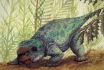 2017 5_claws 5_toes ambiguous_gender artist_name beak bulbasaurus_(genus) bulbasaurus_phylloxyron christopher_dipiazza claws colored crouching dicynodont feet feral front_view full-length_portrait green_body green_markings green_skin green_spots green_tail head_down hi_res markings painting painting_(artwork) plant portrait prehistoric_species quadruped real_world red_beak red_markings signature solo spots tail three-quarter_view toe_claws toes traditional_media_(artwork) watermark