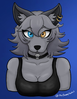 anthro black_clothing black_inner_ear blue_eyes bra bra_strap breasts choker cleavage clothed clothed_anthro clothed_female clothing ear_piercing ear_ring fangs female fur grey_body grey_fur grey_hair grey_inner_ear_fluff hair heterochromia inner_ear_fluff jewelry looking_at_viewer necklace partially_clothed piercing pointy_ears ring_piercing shirt solo tank_top teeth topwear tuft underwear yellow_eyes thejazzyjackal epic_games fortnite wolfie_(fortnite) canid canine canis mammal wolf absurd_res hi_res