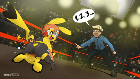 anthro anthrofied arena asphyxiation big_butt big_tail black_nose blush bodily_fluids butt cheek_spots cleft_tail clothing cosplay_pikachu_(costume) counting crowd dialogue eyes_closed facesitting female fight fur group heart_symbol heart_tail kneeling lights looking_back luchadora male mask number referee sitting_on_another size_difference slightly_chubby smaller_male star sweat tail thick_thighs wrestling yellow_body yellow_fur joaoppereiraus nintendo pokemon cosplay_pikachu_(character) pikachu_libre generation_1_pokemon generation_2_pokemon human mammal pichu pikachu pokemon_(species) 16:9 2019 digital_media_(artwork) hi_res widescreen