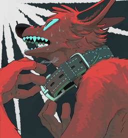 4_fingers ambiguous_gender anthro black_markings bodily_fluids collar constricted_pupils fangs fingers fluffy fur humanoid_hands looking_aside markings open_mouth pupils red_body red_fur sad simple_background small_pupils solo sweat sweatdrop teeth wearing_collar usag11100 canid canine mammal digital_drawing_(artwork) digital_media_(artwork) hi_res portrait shaded signature