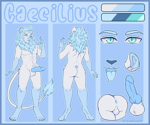anthro anus balls blue_anus blue_body blue_border blue_eyes blue_fur blue_insides blue_mouth blue_pawpads blue_penis blue_tongue border digitigrade fur genitals male mane pawpads penis solo tongue unusual_insides akiannakatt felid lion mammal pantherine 6:5 absurd_res digital_media_(artwork) hi_res model_sheet