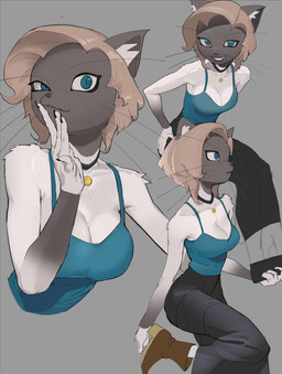 5_fingers anthro biped black_bottomwear black_claws black_clothing black_collar black_nose black_skirt black_whiskers blue_clothing blue_eyes blue_shirt blue_tank_top blue_topwear boots bottomwear breasts brown_boots brown_clothing brown_footwear brown_hair claws cleavage clothed clothed_anthro clothed_female clothing clutch_(bag) collar collar_tag collarbone fangs female female_anthro finger_claws fingers footwear fully_clothed fully_clothed_anthro fully_clothed_female fur grey_background grey_body grey_ears grey_fur hair holding_purse inner_ear_fluff leaning leaning_forward long_skirt looking_at_viewer medium_breasts mouth_closed multicolored_body multicolored_fur no_bra one_eye_half-closed plantigrade pointy_ears prick_ears pupils purse shirt shoes short_hair simple_background sitting skirt slit_pupils smile smiling_at_viewer snout solo tank_top teeth topwear tuft two_tone_body two_tone_fur whiskers white_body white_fur white_inner_ear_fluff matchattea dallas_(matchattea) domestic_cat felid feline felis mammal 2025 hi_res multiple_images shaded