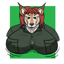anthro big_breasts breasts brown_body brown_fur button_(fastener) cleavage clothed clothing dipstick_ears ear_markings female fur green_clothing green_eyes hair long_hair looking_at_viewer markings multicolored_ears red_hair solo straining_buttons tan_body tan_fur panzerschreckleopard riley_o'shane lynxuki 1:1 2026 bust_portrait colored hi_res portrait
