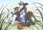 4_toes 5_fingers anthro black_body black_fur breasts clothed clothing duo feet female fingers fur grass kissing male plant sitting toes white_body white_fur gimka legend_of_ahya murana_wolford_(darkflame-wolf) sebastian_hrunting canid canine canis mammal wolf 2022 digital_media_(artwork)