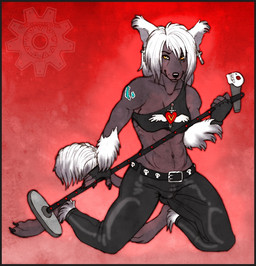 alternative_fashion anthro belt biped bone bottomwear bulge clothing cross ear_piercing electronics fluffy goth gynomorph hair hairless intersex kneeling leather leather_bottomwear leather_clothing leather_pants metal microphone pants piercing pose rocker singer skull solo tail white_hair yellow_eyes zenithfoxie sixty canid canine canis chinese_crested_dog domestic_dog hairless_dog mammal toy_dog 2011