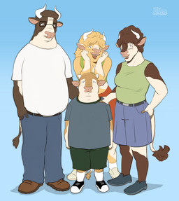 anthro anthrofied blonde_hair bottomwear brown_body brown_fur clothing eyewear family female fur glasses group hair horn male shorts skirt slightly_chubby yellow_body yellow_fur beashiboo king_of_the_hill bobby_hill hank_hill luanne_platter peggy_hill bovid bovine cattle mammal hi_res