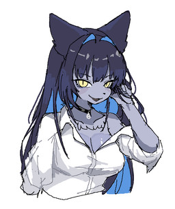 anthro bangs blue_body blue_ears blue_fur blue_hair breasts choker cleavage clothed clothed_anthro clothed_female clothing eyebrow_through_hair eyebrows eyelashes female female_anthro fingers front_view fur hair jewelry looking_at_viewer necklace off_shoulder open_mouth open_smile pupils shirt simple_background slit_pupils smile solo topwear translucent translucent_hair white_background white_clothing white_shirt white_topwear yellow_eyes tofffffu sani_yang's_laboratory namo_(sani_yang's_laboratory) felid feline mammal digital_drawing_(artwork) digital_media_(artwork) half-length_portrait portrait