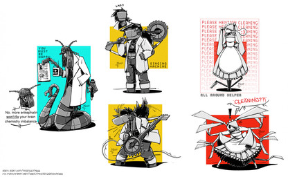4_arms ambiguous_gender antennae_(anatomy) anthro blade_arm claws clothing coat coffee_mug electric_guitar eyewear glasses guitar hair hair_over_eye halftones lab_coat long_hair machine maid_uniform metal multi_arm multi_limb musical_instrument plucked_string_instrument razor_blade sharp_teeth singing speech_bubble steam string_instrument teeth text topwear uniform masterzoroark666 deltarune library_of_ruina limbus_company lobotomy_corporation project_moon undertale_(series) all-around_helper singing_machine you_must_be_happy abnormality_(project_moon) darkner humanoid robot worm_taur crossover english_text hi_res url