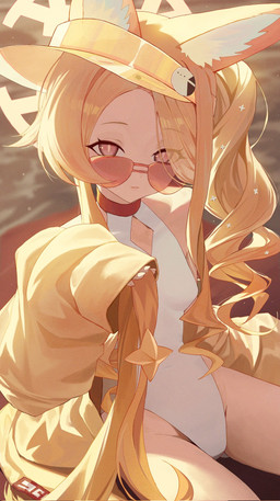 accessory animal_ears bare_shoulders blonde_hair breasts clothing coat eyewear female fluffy_ears glistening glistening_hair hair hair_accessory halo long_hair sitting sleeveless_shirt small_breasts sunglasses swimwear topwear white_clothing yellow_clothing yellow_coat yellow_topwear young young_female young_humanoid renaya blue_archive nexon seia_(blue_archive) animal_humanoid canid canid_humanoid canine canine_humanoid fox_humanoid humanoid mammal mammal_humanoid hi_res