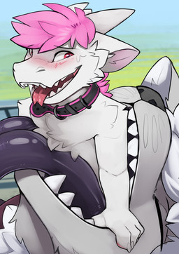blush body_in_mouth collar feet_first male male_pred oral_vore partially_inside size_difference tongue vore willing_prey altowovurr mythology mercury_(haloren) nylla dragon mythological_creature mythological_scalie scalie shadekin absurd_res digital_media_(artwork) hi_res