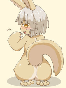 4_toes ambiguous_gender anthro big_butt blush blush_lines bubble_butt butt butt_focus claw_fingers claws dialogue fangs feet fur grey_hair grey_pawpads hair hindpaw horizontal_pupils kneeling looking_at_viewer looking_back looking_back_at_viewer medium_hair nude open_mouth open_smile pawpads paws pear-shaped_figure pupils raised_tail rear_view seiza shadow simple_background sitting smile solo tail tan_background tan_body tan_fur teeth text toes white_hair wide_hips yellow_eyes gafu0320real made_in_abyss nanachi lagomorph mammal narehate 2025 3:4 digital_media_(artwork) hi_res japanese_text