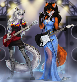 anthro bare_shoulders bass_guitar black_hair blue_eyes bottomwear braided_hair breasts choker cleavage clothed clothing dipstick_tail dress duo electric_guitar electronics eyebrows eyelashes female fur gloves_(marking) guitar hair holding_musical_instrument holding_object jewelry legwear looking_at_viewer markings microphone multicolored_tail musical_instrument necklace playing_guitar playing_music plucked_string_instrument skirt smile speaker spots spotted_body spotted_fur standing stockings string_instrument tail tail_markings thigh_highs white_hair white_tail_tip elvofirida fender_jaguar fender_musical_instruments_corporation stratocaster cassie_the_rock_vixen canid canine felid fox leopard mammal pantherine snow_leopard