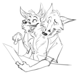 2_heads anthro clothing conjoined duo gesture hand_gesture male male/male menu multi_head pointing shirt simple_background sitting topwear kobi_lacroix canid canine fox mammal monochrome