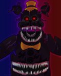 anthro belly_mouth black_body black_fur blue_background body_horror bow_tie clothing creepy endoskeleton exposed_endoskeleton exposed_wires fur gradient_background hat headgear headwear looking_at_viewer machine male multi_mouth open_mouth red_background red_eyes simple_background solo top_hat wire withered caloxya five_nights_at_freddy's five_nights_at_freddy's_4 scottgames nightmare_(fnaf) animatronic bear mammal robot hi_res