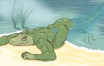 anthro beach big_muscles butt crawling evolution grass humor looking_at_viewer male muscular muscular_anthro muscular_male narrowed_eyes nude nude_beach outdoor_nudity outside partially_submerged plant sand seaside skinny_dipping smile solo water 60percentscalie fish lobe-finned_fish marine prehistoric_species tiktaalik 2022