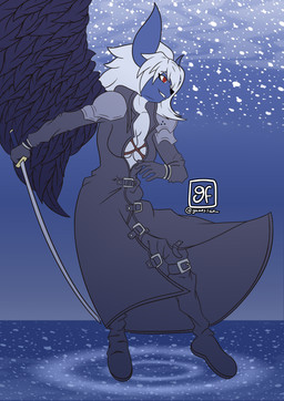 anthro black_body black_clothing black_feathers black_wings blue_body blue_fur breasts brown_clothing cleavage clothed clothed_anthro clothed_female clothing eyebrows eyelashes feathers female female_anthro fur grey_clothing hair holding_melee_weapon holding_object holding_sword holding_weapon medium_breasts melee_weapon multicolored_clothing red_eyes smile solo star sword two_tone_clothing weapon white_body white_fur white_hair wings gamesfan final_fantasy final_fantasy_vii nintendo pokemon square_enix sephiroth_(final_fantasy_vii) absol generation_3_pokemon pokemon_(species) absurd_res hi_res signature