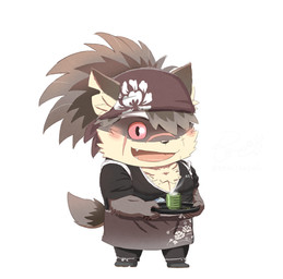 anthro apron blush chibi clothing container cup facial_scar hair kerchief male pink_eyes ponytail scar serving_tray smile solo tea_cup ren_izayoi lifewonders tokyo_afterschool_summoners shino_(tas) canid canine canis domestic_dog mammal low_res