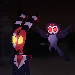 4_eyes black_body black_clothing black_feathers black_suit clothed clothing constricted_pupils detailed_background duo empty_eyes feathers feral feralized flying forehead_tattoo glowing glowing_eyes grey_body grey_feathers horn male markings multi_eye night outside pupils red_body red_eyes red_skin small_pupils striped_horn stripes suit text white_face white_markings yellow_sclera norithelord hellaverse helluva_boss blitzo_(helluva_boss) stolas_(helluva_boss) avian bird demon humanoid imp owl owl_demon 1:1 2021 artist_name hi_res watermark
