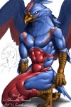 anthro armband beak biped blue_body blue_feathers claws crouching feathered_wings feathers feet hindpaw kneeling male markings muscular muscular_anthro muscular_male paws red_markings simple_background solo talons toes white_background wings wristband karabiner extinctioners xenif_(character) avian bird 2:3 hi_res