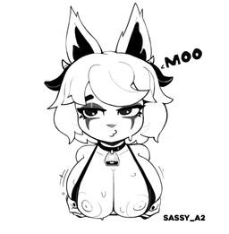 bikini_thong black_clothing black_thong black_underwear bodily_fluids breasts clothing collar cowbell cowbell_collar fake_cow_ears fake_ears moo nipple_dip sweat sweaty_breasts swimwear thong underwear sassy_a2 league_of_legends riot_games tencent vex_(lol) humanoid yordle 2026 absurd_res black_and_white hi_res monochrome signature tagme