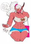 abs big_breasts bodily_fluids bottomwear breasts cleavage clothed clothing dialogue female horn muscular muscular_female not_furry shorts sweat text scarfyace asian_mythology east_asian_mythology japanese_mythology mythology demon horned_humanoid humanoid oni yokai english_text hi_res