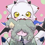 anthro black_claws blush claws duo feral feralized fur grey_body grey_fur hair hair_over_eyes horn hug kerchief long_ears male white_body yellow_eyes yuri_arisato bandai_namco digimon digimon_ghost_game angoramon_(ghost_game) gammamon_(ghost_game) angoramon ceratopsian digimon_(species) dinosaur gammamon lagomorph leporid mammal ornithischian prehistoric_species rabbit reptile scalie triceratops 1:1