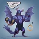 anthro biceps bodily_fluids clothed clothing dumbbell exercise flexing horn male muscular muscular_anthro muscular_male open_mouth pecs sharp_teeth simple_background smile solo speech_bubble sweat tail teeth text weightlifting weights wings workout wrestling_singlet taran_fiddler mythology nintendo ring_fit_adventure dragaux dragon mythological_creature mythological_scalie scalie 1:1 2020 digital_media_(artwork) english_text hi_res