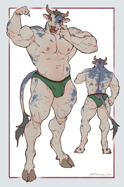 2_horns 4_fingers anthro biceps big_muscles biped blue_body border bovid_horn bovine_horn bulge claws clothed clothing dewclaw_hooves eyebrows finger_claws fingers flexing flexing_bicep flexing_muscles front_view furgonomic_underwear furgonomics green_clothing green_eyes green_hair green_tail_tuft green_underwear hair head_horn hooves horn looking_at_self male mottled mottled_arms mottled_body mottled_head mottled_legs mottled_tail mottled_torso multiple_angles muscular muscular_anthro muscular_male nipples open_mouth pose pupils rear_view scratching_cheek simple_background snout solo standing tail tail_tuft tan_body teal_border teeth text tongue_showing tuft underwear underwear_only unguligrade white_background white_sclera taran_fiddler hercule_(diarmaidhutchence) belgian_blue bovid bovine cattle mammal 2025 archived_source artist_name dated digital_drawing_(artwork) digital_media_(artwork) english_text full-length_portrait portrait