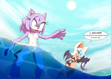 anthro areola assisted_exposure bikini bikini_bottom bikini_removed bikini_top blush breasts butt clitoral_hood clothed clothing clothing_theft dialogue duo embarrassed eyeshadow feet female fur genitals hair half-closed_eyes handwear holding_bikini holding_clothing holding_object holding_swimwear makeup membrane_(anatomy) membranous_wings narrowed_eyes navel nipples nude open_mouth outdoor_nudity outside partially_submerged purple_body purple_fur sea speech_bubble stealing swimwear swimwear_removed swimwear_theft tail teeth text toes two-piece_swimsuit vulva water wings arts_eidolon sega sonic_the_hedgehog_(series) blaze_the_cat rouge_the_bat bat domestic_cat felid feline felis mammal digital_media_(artwork) english_text hi_res