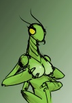4_arms anthro arthropod breast_fondling breast_play breasts dungeons_and_dragons female fondling green_background green_theme hand_on_breast hasbro insect mantis multi_arm multi_limb non-mammal_breasts simple_background solo thri-kreen unknown_artist wizards_of_the_coast