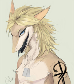 anthro arm_tattoo blonde_hair blue_eyes blue_tongue brown_body brown_fur countershading dog_tags fur hair jewelry male necklace open_mouth sharp_teeth simple_background smile solo tan_background tan_body tan_countershading tan_fur tan_sclera tattoo teeth tongue tongue_out akrolayn sergal 2015 bust_portrait digital_media_(artwork) digital_painting_(artwork) painting_(artwork) portrait unavailable_at_source