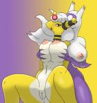 anthro big_breasts breasts crossgender curvy_figure duo female female/female genitals looking_at_viewer navel open_mouth pussy red_eyes smile thick_thighs voluptuous wide_hips yellow_body yellow_skin deadpliss nintendo pokemon generation_6_pokemon legendary_pokemon mega_ampharos mega_evolution mega_latios pokemon_(species)