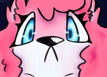 anthro black_nose blue_eyes closed_frown curly_hair eyeliner female frown fur hair looking_at_viewer makeup mouth_closed pink_body pink_ears pink_fur pink_hair solo stare white_body white_fur wide_eyed psykwol phoebe_(psykwol) mammal mustelid otter headshot_portrait portrait trans_(lore) trans_woman_(lore)