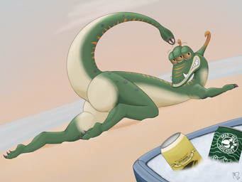 3_eyes ambiguous_gender beach beverage_can butt cooler countershade_butt countershading feral floating_eyebrows looking_at_viewer multi_eye nude orange_eyes orange_stripes smile smiling_at_viewer solo stripes tail tan_body tan_countershading text tripod monodreams electronic_arts maxis_(ea) spore_(game) alien scalie willosaur 2026 4:3 digital_media_(artwork) english_text hi_res signature smaller_version_at_source