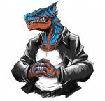 ambiguous_gender anthro belt blue_eyes chain clothed clothing ear_piercing fully_clothed piercing ring scar sharp_teeth shirt simple_background solo teeth topwear white_background tagane capcom monster_hunter flying_wyvern pseudowyvern scalie tigrex 2008