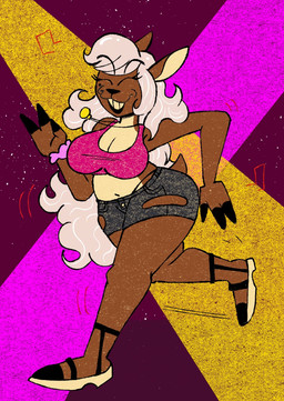 anthro black_nose bottomwear brown_body brown_fur clothing crop_top dancing denim denim_bottomwear denim_clothing denim_shorts eyes_closed female footwear fur hair humanoid_hands jewelry long_hair navel necklace pink_clothing pink_crop_top pink_scrunchie pink_shirt pink_topwear sandals scrunchie shirt shoes shorts smile solo tan_body tan_fur tan_inner_ear topwear joantoonz deer mammal 2025 digital_drawing_(artwork) digital_media_(artwork) english_description