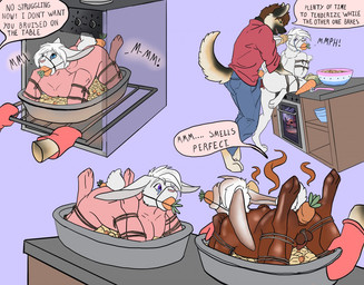 anal anal_penetration anthro anthro_on_anthro anthro_penetrated anthro_penetrating anthro_penetrating_anthro appliance bdsm blue_eyes bodily_fluids bottomwear carrot character_prepared_as_food clothed clothing crying death dialogue disembodied_hand eyebrows food food_fetish food_insertion food_play fur gore group holidays imminent_death improvised_sex_toy kitchen_appliance male male/male male_penetrated male_penetrating male_penetrating_male multicolored_body multicolored_fur oven pants penetration pink_nose plant sex shirt tail tears text topwear vegetable white_body white_eyebrows white_fur petpolaris easter canid canine lagomorph leporid mammal rabbit english_text