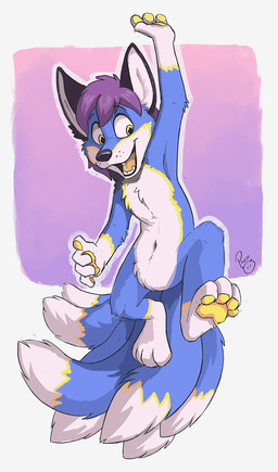 anthro blue_body blue_fur featureless_crotch front_view fur hair heterochromia male markings multi_tail navel nude open_mouth open_smile orange_eyes pawpads purple_hair short_hair simple_background smile solo tail white_body white_fur yellow_eyes yellow_markings yellow_pawpads young young_anthro young_male pandapaco canid canine mammal hi_res