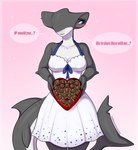 anthro blue_eyes blush box_of_chocolates breasts candy chocolate clothed clothing dessert dialogue dress female fin food freckles front_view fully_clothed grey_body heart_box holidays long_tail non-mammal_breasts smile solo speech_bubble standing tail tail_fin text kitsunewaffles-chan valentine's_day abigail_(hazardtime) fish ground_shark hammerhead_shark marine shark 2024 english_text hi_res