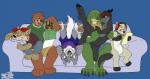 anthro claws clothing embarrassed fur furniture group magazine male open_mouth sofa tail wolfblade mythology foxiethewindragon bear canid canine canis domestic_dog dragon furred_dragon furred_scalie mammal mythological_creature mythological_scalie scalie wolf