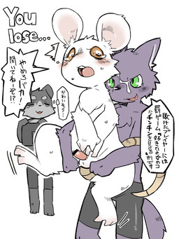 anthro balls bodily_fluids buckteeth censored_genitalia censored_penis clothed clothing dialogue erection fangs fur genitals group holding_clothing holding_object kemono lifting_partner male male/male nude open_mouth penis questionable_consent shorts_only shota simple_background sweat tears teeth text topless trio white_background white_body white_fur young young_anthro young_male pizademokttero canid canine canis domestic_dog mammal mouse murid murine rodent wolf 2015 3:4 censored japanese_text translation_check translation_request