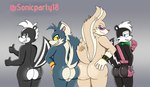 anthro big_butt black_body blue_body blue_fur bubble_butt butt butt_focus clothing fur gesture gloves green_kerchief group hand_gesture handwear kerchief looking_at_viewer male male/male markings nude nude_male red_eyes smile smiling_at_viewer striped_body striped_head striped_markings striped_tail stripes tail tail_markings tan_body tan_fur thick_thighs thumbs_up white_body white_fur yellow_sclera supersonicparty18 archie_comics idw_publishing sega sonic_the_hedgehog_(archie) sonic_the_hedgehog_(comics) sonic_the_hedgehog_(idw) sonic_the_hedgehog_(series) fan_character geoffrey_st._john rough_the_skunk simon_(supersonicparty18) tumble_the_skunk mammal mephitid skunk hi_res