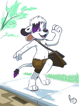 anthro black_hair black_markings black_nose bottomwear brown_bottomwear brown_clothing brown_shorts clothed clothing fur grass hair logo male markings navel open_mouth open_smile outside plant purple_eyes purple_hair short_hair shorts smile solo tail tail_tuft topless tuft white_body white_fur white_hair young young_anthro young_male pandapaco species_request 3:4 artist_logo signature
