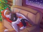 anthro bent_legs brown_body brown_fur christmas_clothing christmas_headwear christmas_tree clothing costume cuddling duo eyes_closed female fur furniture hat headgear headwear holidays love male on_sofa over_edge plant purple_eyes red_clothing romantic romantic_ambiance romantic_couple santa_costume santa_hat sleeping smile snow sofa spikes tail_over_edge tree white_body white_fur window wings ripli christmas mario_bros nintendo hoodie_(character) black_yoshi canid canine fox mammal scalie winged_yoshi yoshi 2017 4:3