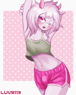 2_horns 5_fingers anthro anthrofied blush bottomwear bulge clothing crop_top dolphin_shorts eyewear femboy fingers fluffy fluffy_hair fur glasses green_clothing green_topwear hair horn hotpants kemono long_hair looking_at_viewer male messy_hair midriff navel one_eye_closed open_mouth pawpads pink_bottomwear pink_clothing pink_eyes pink_horn raised_arms shirt shorts simple_background solo stretching tank_top text topwear white_body white_fur white_hair wink yawn luv5113 deltarune undertale_(series) ralsei bovid caprine darkner goat mammal absurd_res artist_name digital_media_(artwork) digital_painting_(artwork) hi_res painting_(artwork) pink_theme