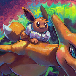 ambiguous_gender aurora_(phenomenon) blue_eyes duo female feral fluffy flying fur happy long_ears mane orange_body painting paws sky star starry_sky white_body white_fur blitzdrachin conditional_dnp mythology nintendo pokemon canid canine charizard dragon eevee generation_1_pokemon mammal mythological_creature mythological_scalie pokemon_(species) scalie 1:1