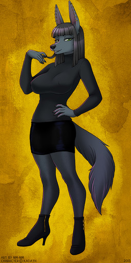 5_fingers anthro big_breasts black_hair black_nose boots bottomwear breasts clothed clothing copyright_symbol curvy_figure ear_piercing ear_ring female fingers footwear fur green_eyes grey_body grey_fur hair high_heeled_boots high_heels piercing ring_piercing shoes skirt solo symbol nim-nim nightshade_(kadath) anubian_jackal canid canine canis jackal mammal 2015 digital_media_(artwork) shaded signature