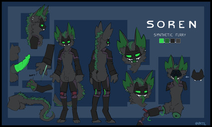 3_toes 4_fingers animal_genitalia anthro black_border border disassembled erection feet fingers fluffy fluffy_tail genitals glowing glowing_genitalia glowing_penis green_eyes long_ears long_tail male nude open_mouth penis sheath solo tail teeth toes virteil soren_(tsuki_akurei) synth_(virteil) hi_res model_sheet