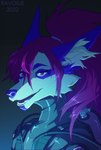 anthro blue_body blue_fur blue_nose breasts clothed clothing eyebrows eyelashes female fur hair inner_ear_fluff open_mouth purple_eyes purple_hair simple_background smile solo teeth tongue tuft ravoilie canid canine mammal 2022 digital_media_(artwork)